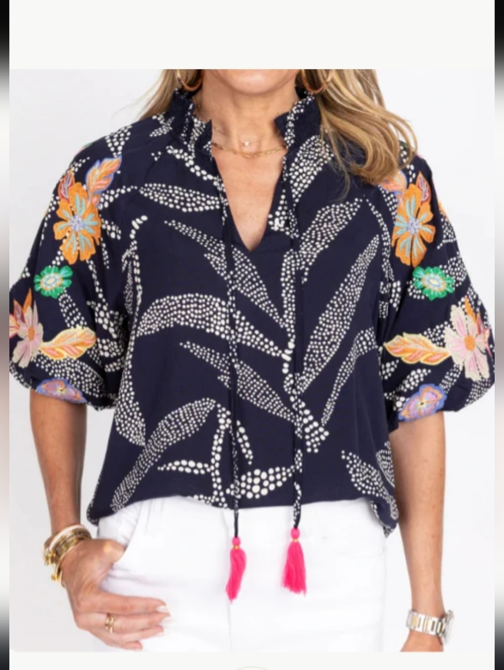 THML navy Embroidered Puff Sleeve Tassel Tie Top Small